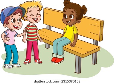 Cartoon boy and a girl talking to each other. Vector illustration.Happy multiethnic mixed age kids are sitting on a bench and chatting. Girl happily talking smiling and laughing. 