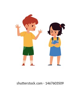 Cartoon boy and girl taunt and mock each other, angry children sticking tongue and showing mischief behavior, siblings fight and argument isolated on white background - flat vector illustration