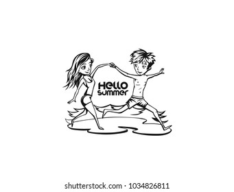 Cartoon of a boy and girl, text, friendship, vector illustration