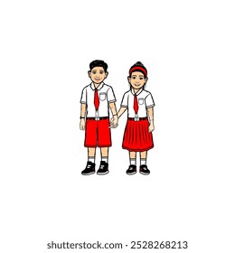 cartoon boy and girl wearing elementary school uniform holding hands vector illustration