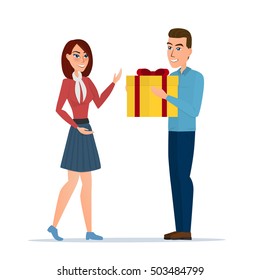 cartoon boy giving girl a gift box. Vector illustration isolated on white background in flat style.