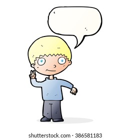 cartoon boy giving peace sign with speech bubble
