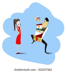 Cartoon boy is giving lot of presents  to girl. Valentine's day Sale, discount, black friday, shopping gifts concept. VECTOR 