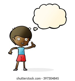 cartoon boy giving thumbs up symbol with thought bubble