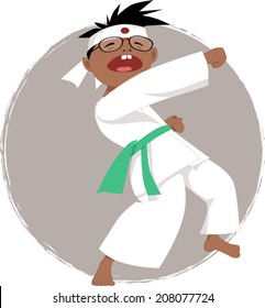 Cartoon boy in glasses doing karate, vector illustration, no transparencies 