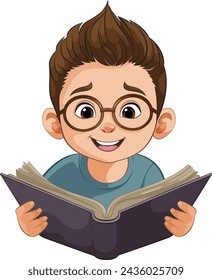 Cartoon boy with glasses reading a book intently