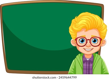 Cartoon boy in glasses standing by a chalkboard