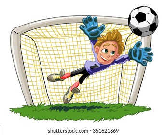 Cartoon Boy Goalkeeper Jumping To Save Goal