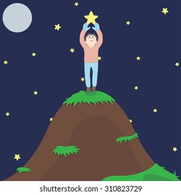 cartoon a boy  grab the star  on the mountain vector