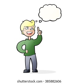 cartoon boy with great idea with thought bubble