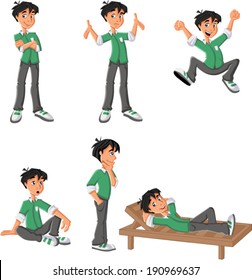 Cartoon boy with green shirt on different poses