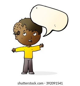 cartoon boy with growth on head with speech bubble