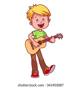 Cartoon boy with a guitar in his hands. Vector clip art illustration on a white background.