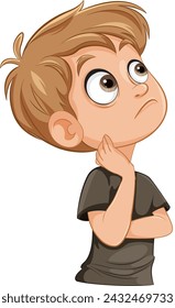 Cartoon boy with hand on chin, looking upwards.