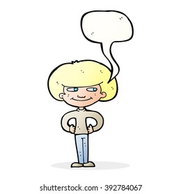 cartoon boy with hands on hips with speech bubble