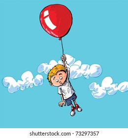 Cartoon of a boy hanging onto a baloon. A cloudy blue sky behind him
