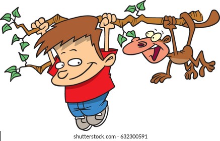 cartoon boy hanging from a tree branch with a monkey