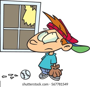 Cartoon Boy Has Broken Window Playing Baseball