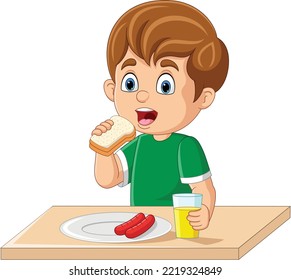 Cartoon boy having breakfast with bread, sausage and orange juice