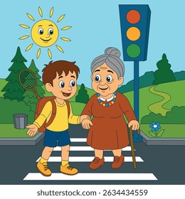 Cartoon boy helps elderly woman cross the street at a crosswalk under a sunny sky and traffic light. Kindness, safety, and intergenerational care concept.