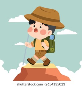 Cartoon Boy Hiking on Mountain Illustration flat