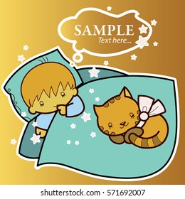 Cartoon boy and his cat sleeping in bed at night. Cute cartoon card, simple flat design drawing, golden background. Frame for text, birthday theme. Hand drawn illustration for print