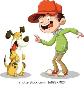 Cartoon boy with his dog. Vector illustration of funny happy pet with kid.