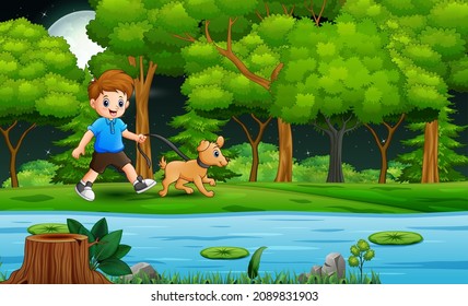 Cartoon a boy with his dog walking by the river