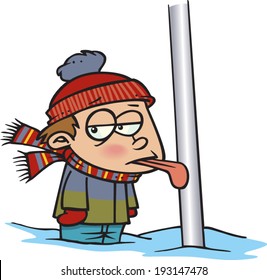 cartoon boy with his tongue frozen to a pole