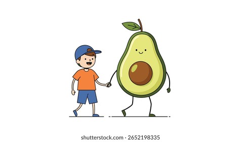 A cartoon boy and his walking avocado friend enjoying a sunny day together