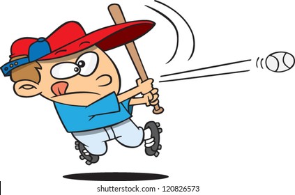 cartoon boy hitting a baseball with a bat