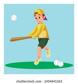 Cartoon Boy Hold Baseball Bat Hit Ball Vector Illustration. Happy Kid American Baseball Play. Teen Softball Player Hitter Character. Child Learning Sport Training. Childhood Leisure