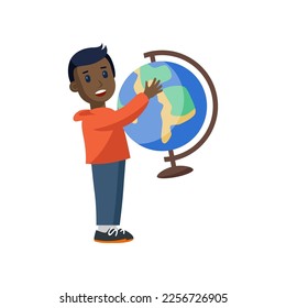 Cartoon boy holding big globe vector illustration. Funny kid with globe for school lessons and work. Stationery, back to school, education concept