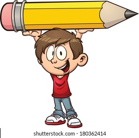 Cartoon boy holding a big pencil. Vector clip art illustration with simple gradients. All in a single layer. 