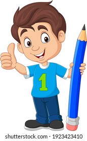 Cartoon boy holding a big pencil and showing thumb up