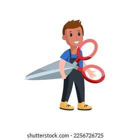 Niño de dibujos animados sosteniendo la ilustración vectorial de las grandes tijeras. Niño gracioso con tijeras para clases escolares y trabajo. Stationery, de vuelta a la escuela, concepto de educación