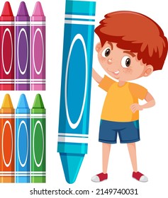Cartoon boy holding blue crayon stick illustration