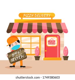 Cartoon Boy holding a Board of Yes! We Are Reopen with Pizza Delivery Shop Illustration.