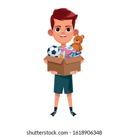cartoon boy holding a box with donation stuffs over white background, colorful design, vector illustration