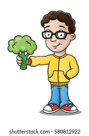 A cartoon boy holding broccoli in the hand, vector illustration 