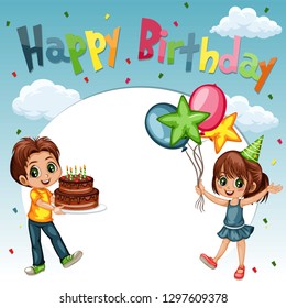 Cartoon Boy Holding a Cake with Candles and Girl Holding Balloon   Celebrating Birthday. Birthday Party Little Kids Vector Illustration with Text Placeholder for Wishes. Happy Birthday Invitation Card