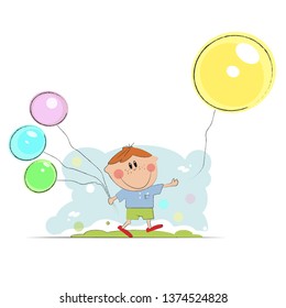 cartoon boy holding color balloons. Happy boy gesturing with colorful balloons isolated over white, blue background