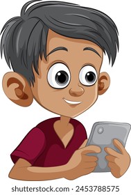Niño de la historieta sosteniendo una tableta digital sonriendo