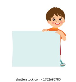 Niño de dibujos animados con una placa vacía en blanco con espacio para la ilustración del vector de texto. Niño feliz sosteniendo una pizarra horizontal blanca. 