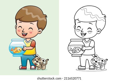 Cartoon of a boy holding fish in jar with cat in his feet. Coloring book or page