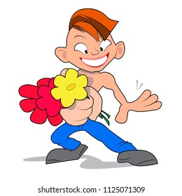A Cartoon Boy Holding Flowers vector illustration