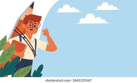 Cartoon menino segurando lápis gigante com fundo azul céu e folhas verdes