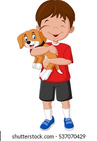 Cartoon boy holding his puppy