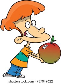 cartoon boy holding and offering a large apple