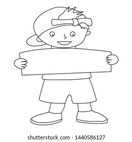cartoon boy is holding on a paper vector design line can for children coloring